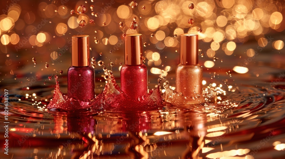 Vibrant nail polish bottles create splashes in a shimmering background.