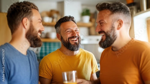 Three joyful friends laugh and bond together in a cozy kitchen, sharing drinks and conversation, representing friendship and camaraderie in a vibrant, lively setting.