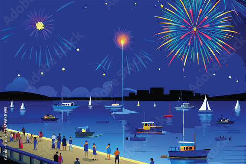 Colorful fireworks exploding over a harbor with people watching from a dock, boats, and buildings in the distance.