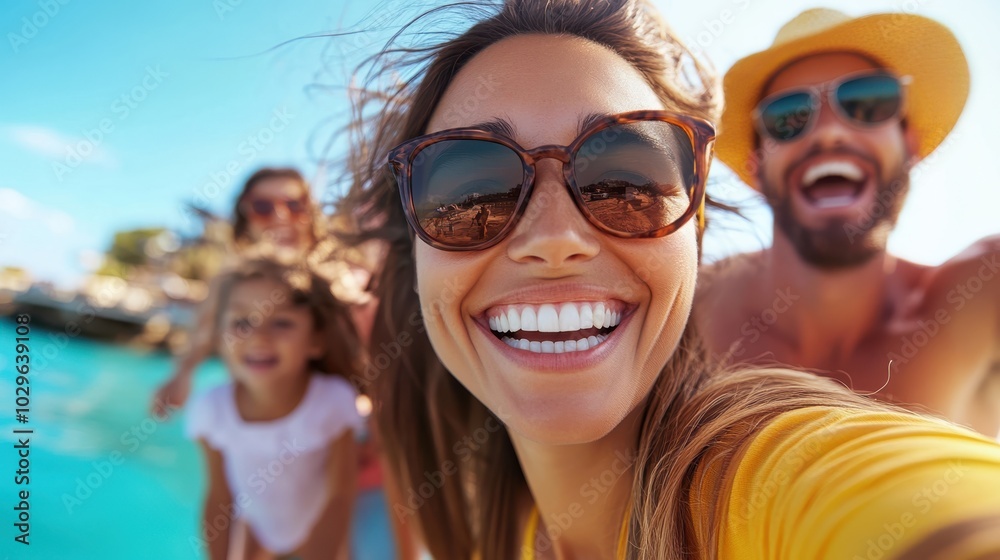 A family captures a joyful selfie showing smiles that reflect the delight of their sunny beach getaway, with turquoise water and bright blue sky enhancing their beaming mood. A family captures a joyful selfie showing smiles that reflect the delight of their sunny beach getaway, with turquoise water and bright blue sky enhancing their beaming mood.