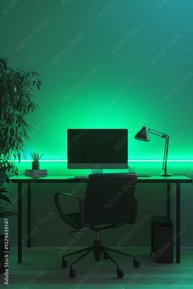 Nighttime workspace drenched in green light, productivity meets tranquility, modern office design with ambient illumination. Nighttime workspace drenched in green light, productivity meets tranquility, modern office design with ambient illumination.