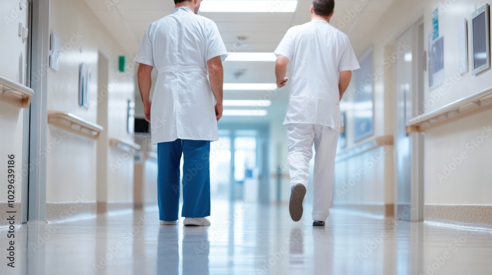 Two medical professionals walk purposefully down a brightly lit hospital corridor, illustrating teamwork and dedication in a professional healthcare setting. Two medical professionals walk purposefully down a brightly lit hospital corridor, illustrating teamwork and dedication in a professional healthcare setting.