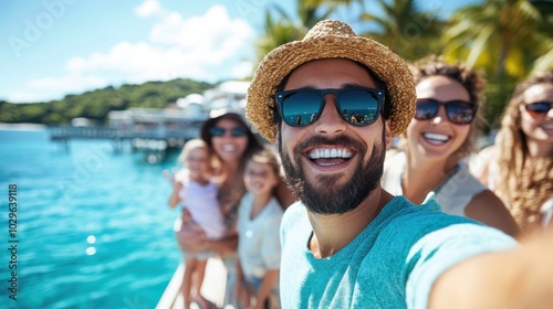 Wallpaper Mural A lively family group smiles broadly on a clear day, enjoying a stroll along a tropical boardwalk, surrounded by palm trees and bright waters, basking in the sun. Torontodigital.ca