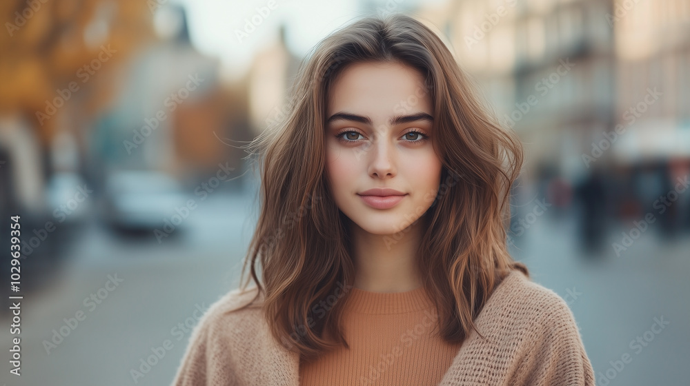 young woman with long brown hair and warm smile stands outdoors in urban setting, wearing cozy sweater. background is slightly blurred, highlighting her serene expression. young woman with long brown hair and warm smile stands outdoors in urban setting, wearing cozy sweater. background is slightly blurred, highlighting her serene expression.