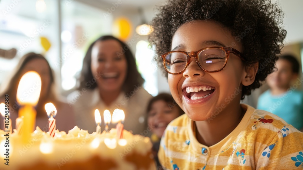 A smiling child wearing glasses and a bright top beams with joy as they look at a birthday cake filled with lit candles, surrounded by happy family members. A smiling child wearing glasses and a bright top beams with joy as they look at a birthday cake filled with lit candles, surrounded by happy family members.