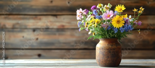 Wallpaper Mural Colorful wildflowers in a brown ceramic vase on a rustic wooden background. Torontodigital.ca
