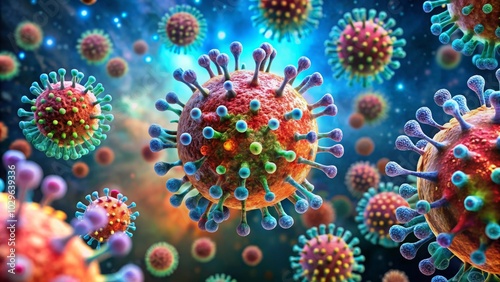 A microscopic view of a cluster of colorful viruses.