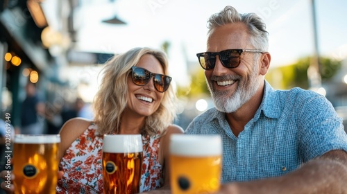 A smiling couple, seated outdoors, enjoys refreshing drinks at an alluring cafe, highlighting moments of joy, relaxation, and companionship in a lively atmosphere.