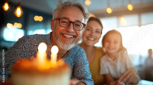 A joyful family, including a silver-haired man, woman, and child, smile together behind a cake with multiple lit candles, showcasing vibrant festivity and warmth. photo