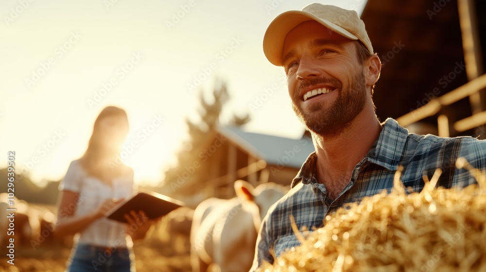 Young farmer smiles while holding a bale of hay, standing in front of a barn as the sun sets, highlighting the charm and simplicity of rural life. Young farmer smiles while holding a bale of hay, standing in front of a barn as the sun sets, highlighting the charm and simplicity of rural life.