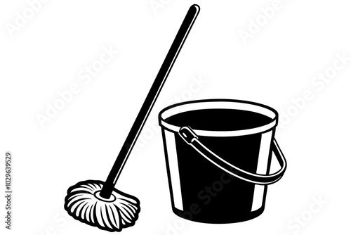 Bucket with cleaning mop vector art illustration