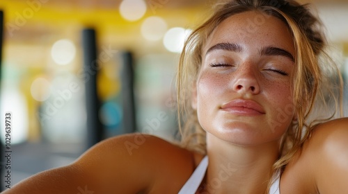 A serene woman rests with closed eyes, sweat glistening on her face, capturing the tranquility and satisfaction after a completed workout in a gym setting.