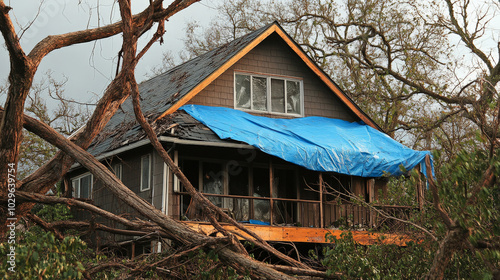 house with blue tarp covering damaged roof, surrounded by trees, reflects aftermath of storm. scene evokes sense of resilience amidst natures challenges