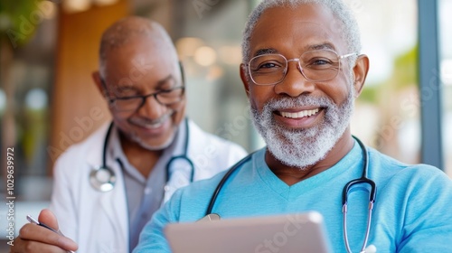 Two senior healthcare professionals with stethoscopes reviewing documents together, showcasing teamwork and professionalism in a medical environment.