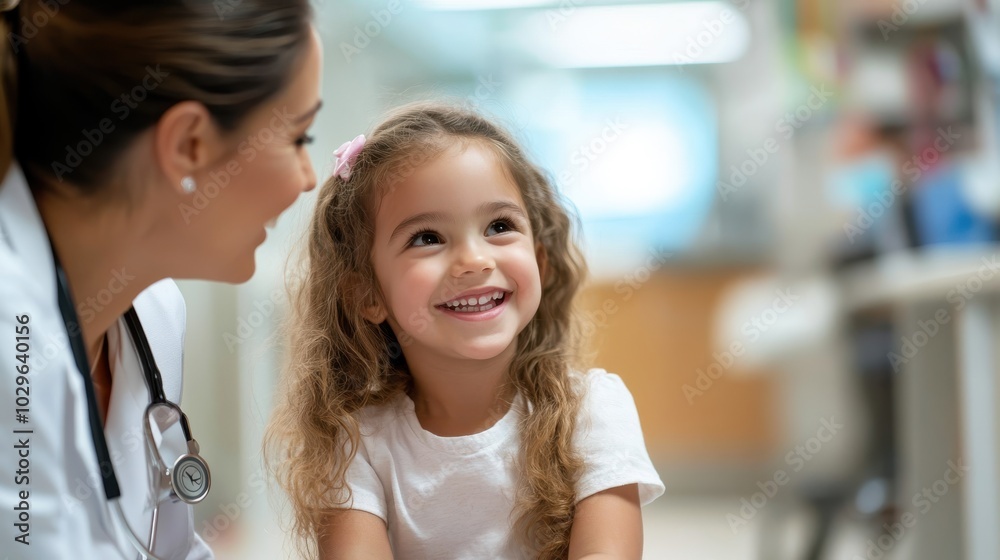 A young girl smiles cheerfully while interacting with a female doctor, highlighting a comforting and professional healthcare setting in a bright, welcoming environment. A young girl smiles cheerfully while interacting with a female doctor, highlighting a comforting and professional healthcare setting in a bright, welcoming environment.