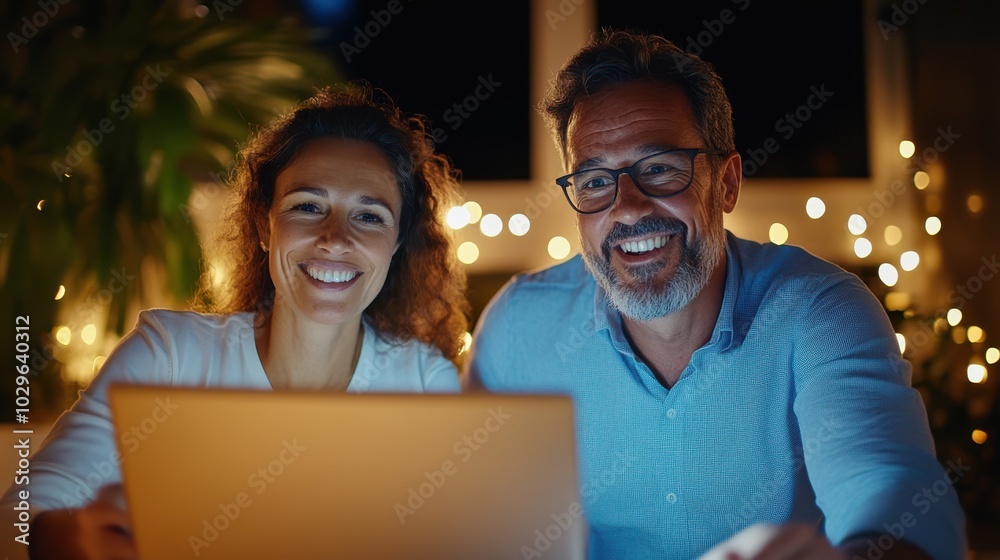 A couple, beaming with smiles, sitting together at a table, lit by evening lights, as they enjoy time together while using a laptop in a cozy home ambiance. A couple, beaming with smiles, sitting together at a table, lit by evening lights, as they enjoy time together while using a laptop in a cozy home ambiance.