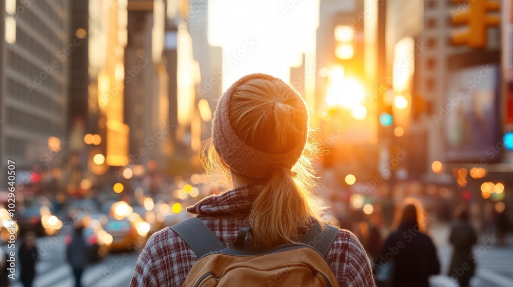 A woman wearing a backpack gazes at a city street illuminated by the setting sun, evoking themes of exploration and adventure in a modern urban world. A woman wearing a backpack gazes at a city street illuminated by the setting sun, evoking themes of exploration and adventure in a modern urban world.