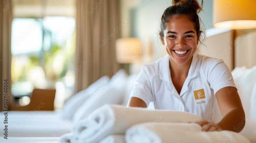 Obraz premium An enthusiastic hotel employee smiling while neatly arranging plush towels, creating a welcoming and clean environment for guests in a well-furnished room.
