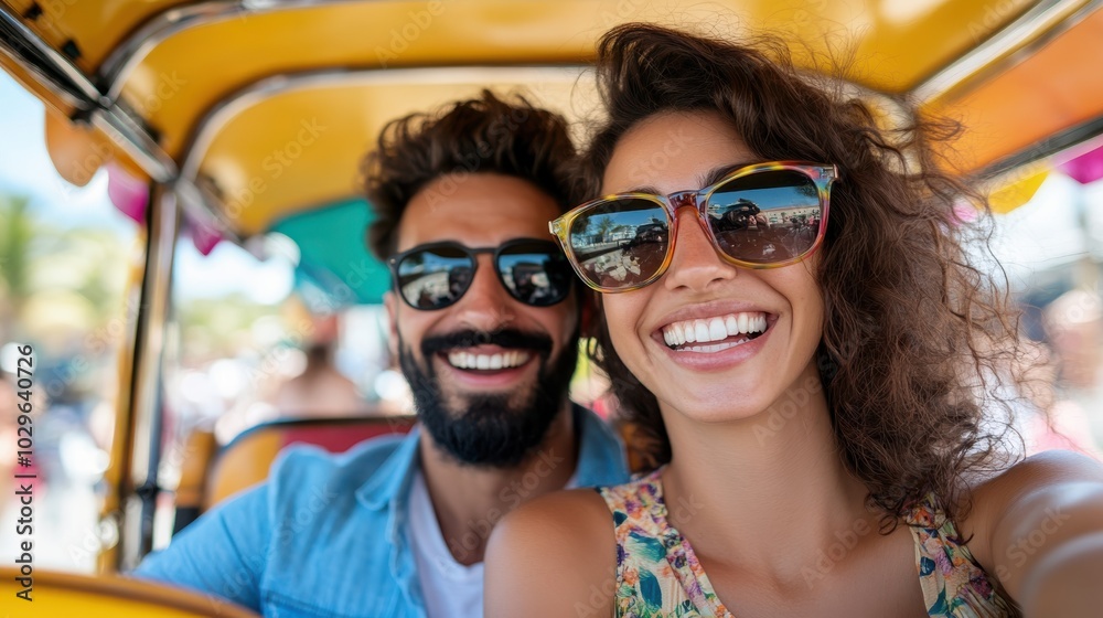 A happy couple travels joyfully in a bright tuk-tuk, soaking up the sun with wide smiles and stylish sunglasses, capturing the essence of adventure and fun. A happy couple travels joyfully in a bright tuk-tuk, soaking up the sun with wide smiles and stylish sunglasses, capturing the essence of adventure and fun.
