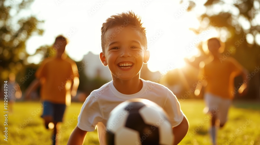 A cheerful young boy with a big smile plays soccer outdoors on a sunny afternoon, exuding joy and energy, captured beautifully in the glowing sunlight. A cheerful young boy with a big smile plays soccer outdoors on a sunny afternoon, exuding joy and energy, captured beautifully in the glowing sunlight.