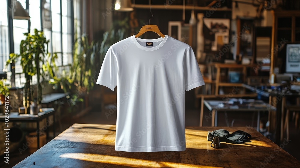Fototapeta premium Crisp and Detailed Stock Photo of White Crew Neck T-Shirt on Light Table with Sparse Objects