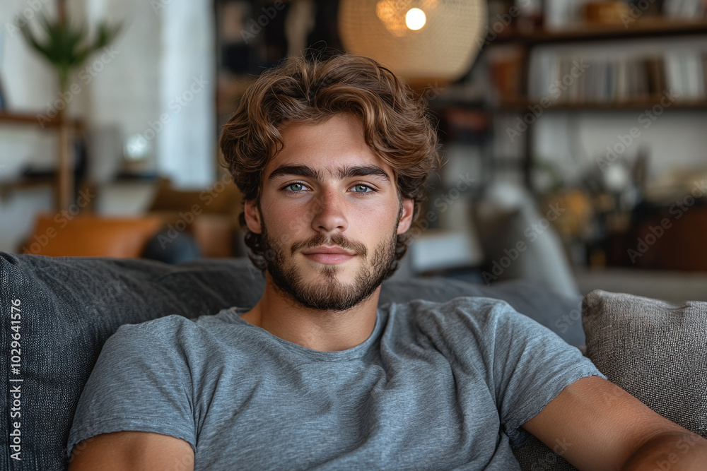 Cozy Living Room: Model in a plain gray shirt lounging on a sofa in a cozy, modern living room. Cozy Living Room: Model in a plain gray shirt lounging on a sofa in a cozy, modern living room.