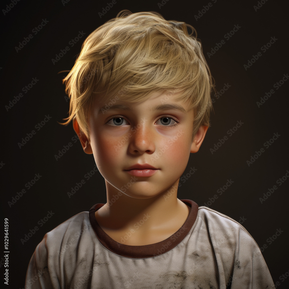Realistic Portrait Illustration of a Blond-Haired Boy with a Thoughtful Expression Realistic Portrait Illustration of a Blond-Haired Boy with a Thoughtful Expression