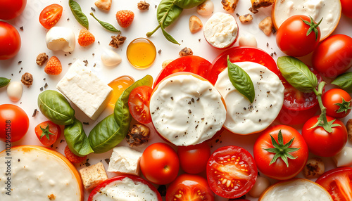 Colorful caprese ingredients pattern isolated with white highlights, png