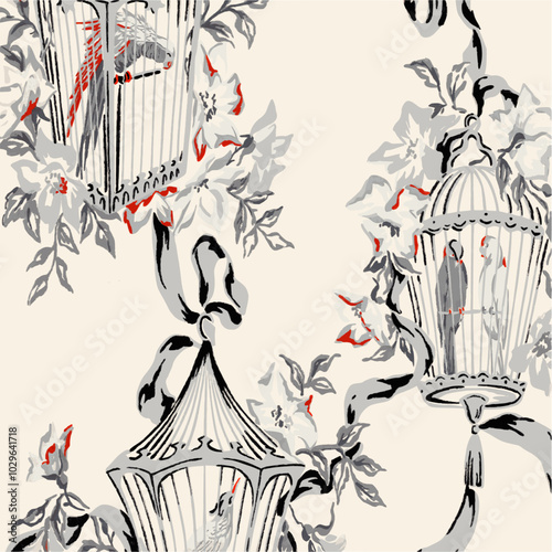  vintage wallpaper with two birdcages and floral design in black, grey, and red.