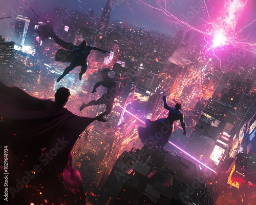 Epic superhero clash in a vibrant cityscape, surreal lighting enhances intensity, characters merging from different worlds, dynamic poses photo