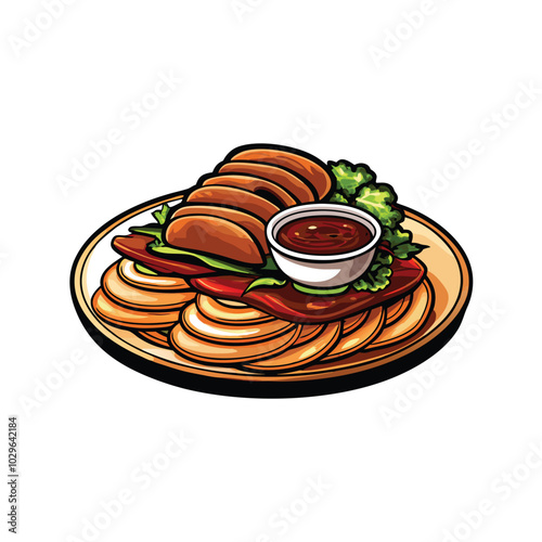 A detailed vector illustration of sliced Peking duck served on a plate with pancakes, sauce, and garnish.