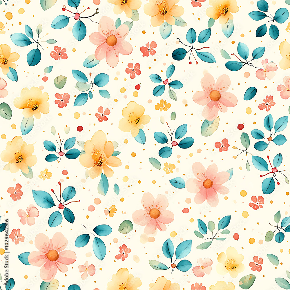 Soft pastel watercolor wildflowers create delicate and cheerful pattern, featuring various blooms and leaves that evoke sense of tranquility and beauty Soft pastel watercolor wildflowers create delicate and cheerful pattern, featuring various blooms and leaves that evoke sense of tranquility and beauty