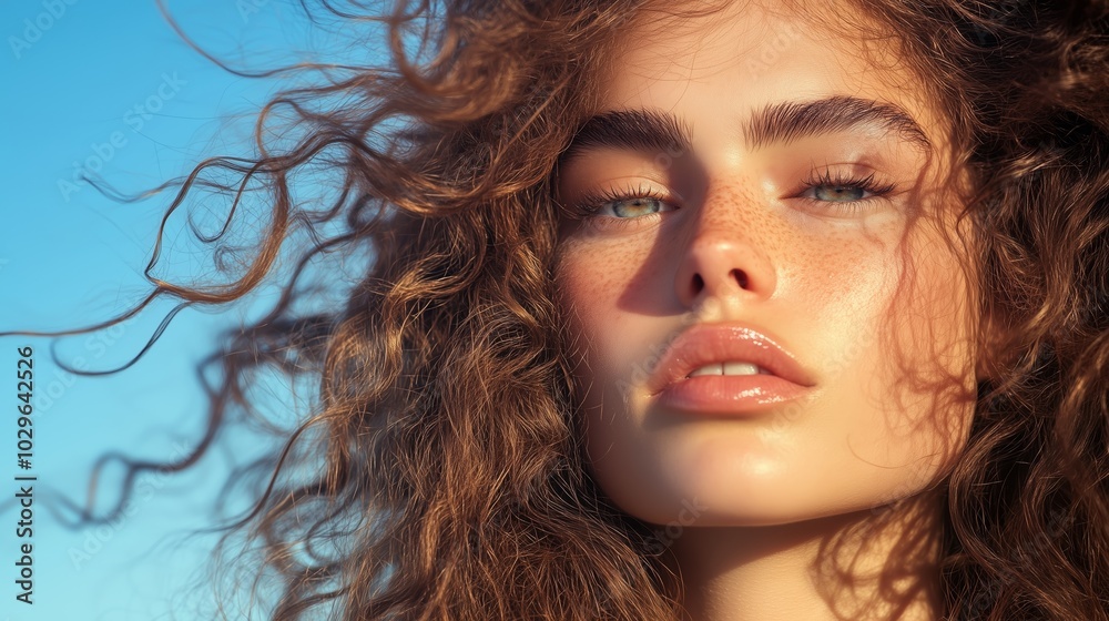 A young woman with curly hair smiles against a clear blue sky in a sunlit outdoor setting during golden hour A young woman with curly hair smiles against a clear blue sky in a sunlit outdoor setting during golden hour