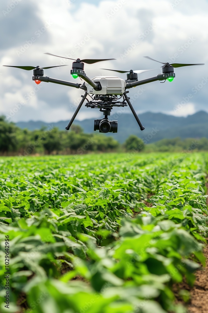 Futuristic drone farming in lush fields, low-angle view, blending nature with technology, vibrant colors, serene atmosphere Futuristic drone farming in lush fields, low-angle view, blending nature with technology, vibrant colors, serene atmosphere