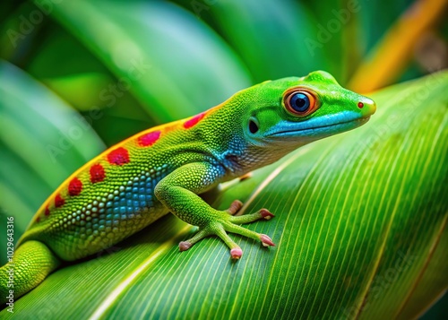 Aerial Portrait of Phelsuma madagascariensis in Madagascar Jungle - Stunning Day Gecko in Vibrant Green Canopy, Wildlife Photography, Exotic Reptiles, Nature Exploration photo