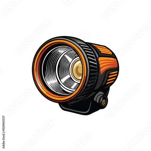 A detailed vector illustration of a bicycle headlight, with black and orange color scheme, featuring a circular lens and a cylindrical body.