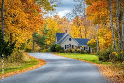 a house in the middle of a road surrounded by trees