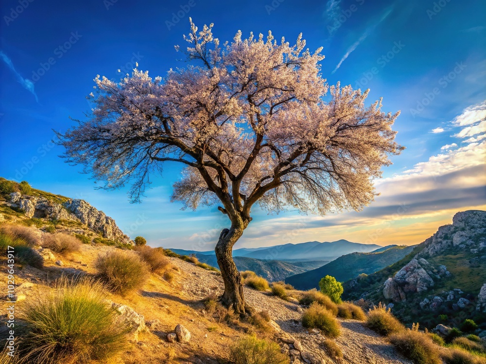 Almond Tree in Stunning Mountain Landscape with Blue Sky and Dry Herbs - Scenic Nature Photography, Outdoor Serenity, Natural Beauty Almond Tree in Stunning Mountain Landscape with Blue Sky and Dry Herbs - Scenic Nature Photography, Outdoor Serenity, Natural Beauty