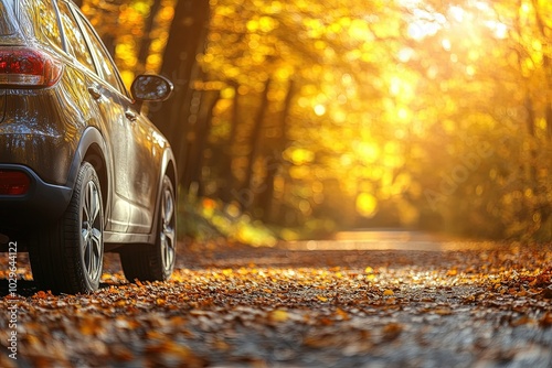 a car parked on a leaf covered road