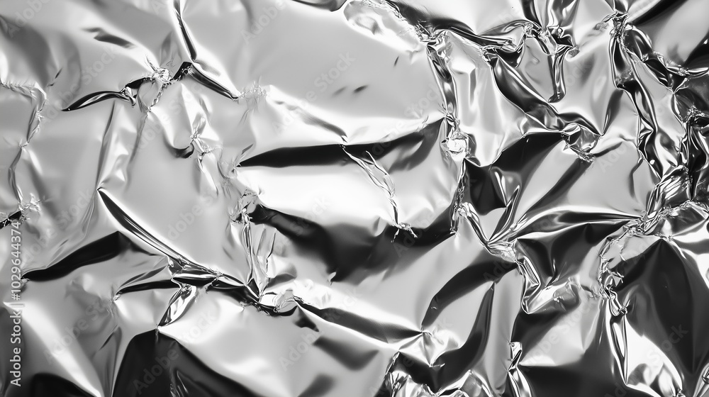 Crumpled metallic foil texture shining under bright light, showcasing intricate patterns and reflections from various angles Crumpled metallic foil texture shining under bright light, showcasing intricate patterns and reflections from various angles