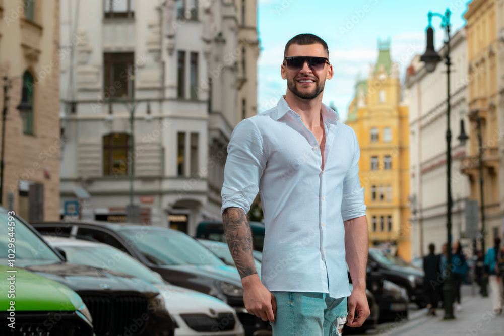 Portrait of the handsome man. Hipster guy model outdoor. Young fashion man in sunglasses in the city. Confident male model. Man looking proud. Attractive man on europe street. Elegant guy. Portrait of the handsome man. Hipster guy model outdoor. Young fashion man in sunglasses in the city. Confident male model. Man looking proud. Attractive man on europe street. Elegant guy.