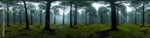 360 degree Pine Forest After Rain, 360 degree photo. HDRI spherical panorama.