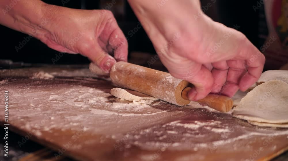 rolling out dumpling wrappers on a wooden board rolling out dumpling wrappers on a wooden board