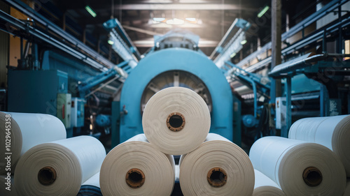 A factory with a large machine in the middle and many rolls of white fabric stacked up. Scene is industrial and busy