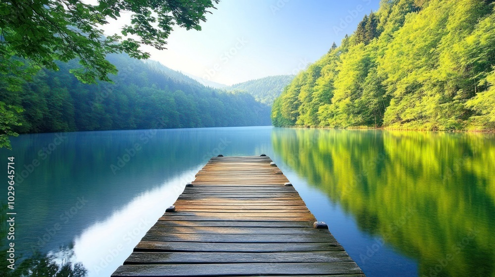 Wooden Dock Extending into Serene Green Lake Surrounded by Lush Forests