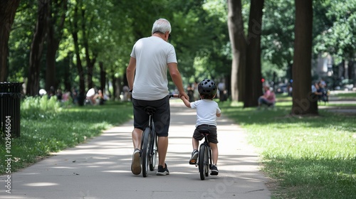 An elderly man rides a bicycle alongside a young boy holding hands during a sunny day in a city park photo