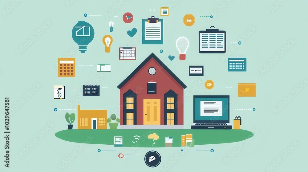 Colorful illustration of a house with various lifestyle-related icons overlaying a pleasant green background. Colorful illustration of a house with various lifestyle-related icons overlaying a pleasant green background.
