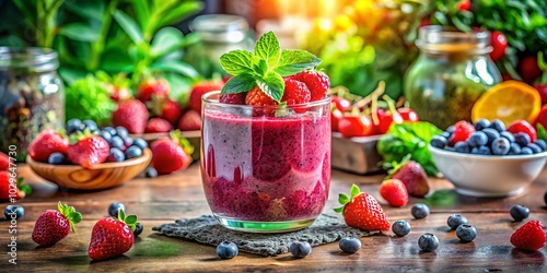 Enjoy a refreshing berry smoothie blended with mint and chia seeds, perfect for a healthy breakfast that's both delicious and energizing to kick-start your day.