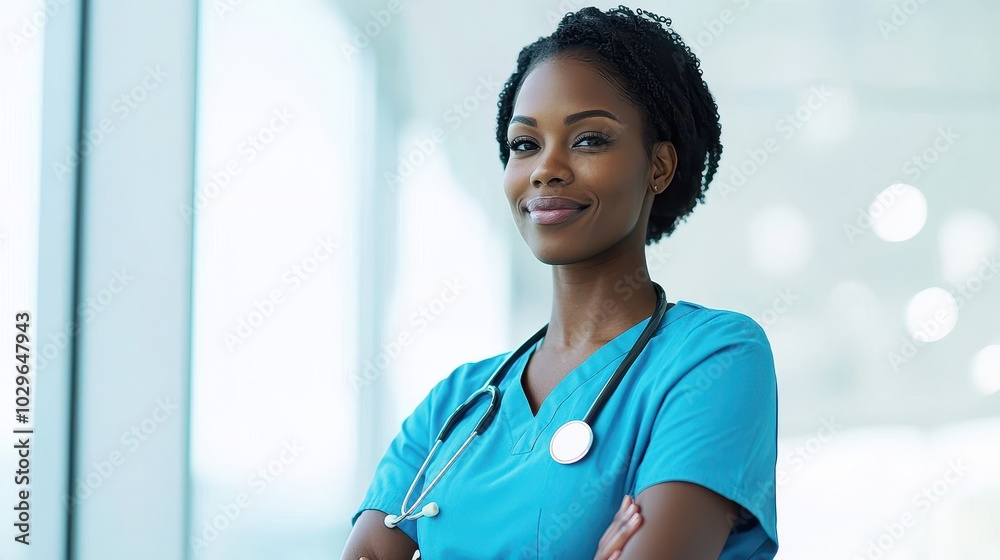 Confident nurse in scrubs smiling at the camera, professional healthcare setting. Confident nurse in scrubs smiling at the camera, professional healthcare setting.