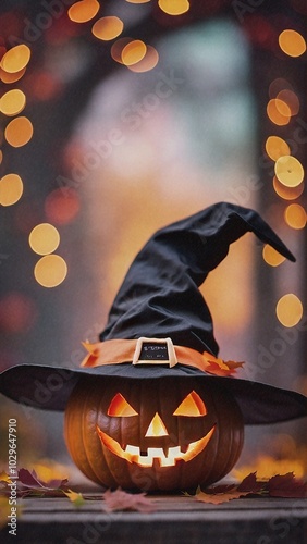 Halloween pumpkin in a witch hat